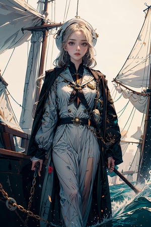 (masterpiece)  A seasoned sailor, standing at the helm of a ship, navigating through stormy seas with a map in hand. The character's expression should convey determination and focus as they chart their course through rough waters.

The sailor is dressed in traditional maritime attire, wearing a well-worn but sturdy captain's coat that billows in the wind. The coat is adorned with nautical symbols and patches that hint at previous voyages and maritime achievements. Underneath, they wear practical, salt-stained clothing suitable for the rigors of life at sea.

Their hands, calloused and roughened by years of handling ropes and sails, grip the ship's wheel with a firm and confident hold. The sleeves of their coat are rolled up, revealing strong, weather-beaten forearms that showcase the physical strength required for a life on the open sea.

A wide-brimmed hat shields the sailor's face from the driving rain, with strands of salt-soaked hair escaping from beneath. Their face is etched with wrinkles, telling tales of countless adventures and challenges faced on the high seas. The sailor's eyes, however, gleam with a spark of determination and wisdom, revealing the resilience that comes from navigating through storms both literal and metaphorical.

Around the sailor's neck hangs a compass on a weathered chain, a symbol of their unwavering commitment to charting a course through uncharted waters. The compass needle points true, guiding them through the storm with a blend of skill and intuition.

Overall, the seasoned sailor exudes a timeless, seafaring charm, embodying the archetype of a master navigator who has weathered the harshest seas and emerged stronger and wiser.(Miho Hirano art),Redayana
