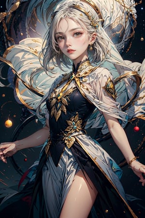 {{{masterpiece}}}, {{{best quality}}}, {{ultra-detailed}}, {illustration}, {{an extremely delicate and beautiful}},(1girl),(((planet))), silver hair, , ((gold eyes)),spread arms,outstretched hand,veil,glowing wings,bored,petite
