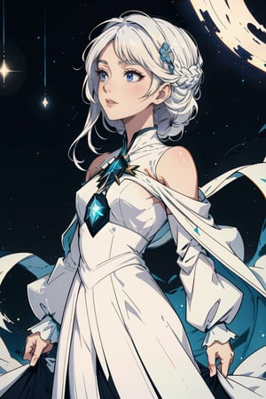 (silver,  glimmer)), contrast, phenomenal aesthetic, best quality, sumptuous artwork, (masterpiece), (best quality), (ultra-detailed), (((illustration))), ((an extremely delicate and beautiful)), (detailed light), cold theme, broken glass, broken wall, ((an array of stars)), ((starry sky)), the Milky Way, star, Reflecting the starry water surface,(1girl:1.3), awhite hair, blinking, white dress, closed mouth, constel lation, flat color, white hair, braid, blinking, white robe, barefoot, float, flat color, looking up, standing, medium hair, standing, solo, space, universe, Nebula, many stars, fanxing