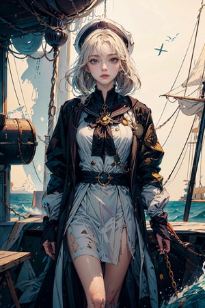 (masterpiece)  A seasoned sailor, standing at the helm of a ship, navigating through stormy seas with a map in hand. The character's expression should convey determination and focus as they chart their course through rough waters.

The sailor is dressed in traditional maritime attire, wearing a well-worn but sturdy captain's coat that billows in the wind. The coat is adorned with nautical symbols and patches that hint at previous voyages and maritime achievements. Underneath, they wear practical, salt-stained clothing suitable for the rigors of life at sea.

Their hands, calloused and roughened by years of handling ropes and sails, grip the ship's wheel with a firm and confident hold. The sleeves of their coat are rolled up, revealing strong, weather-beaten forearms that showcase the physical strength required for a life on the open sea.

A wide-brimmed hat shields the sailor's face from the driving rain, with strands of salt-soaked hair escaping from beneath. Their face is etched with wrinkles, telling tales of countless adventures and challenges faced on the high seas. The sailor's eyes, however, gleam with a spark of determination and wisdom, revealing the resilience that comes from navigating through storms both literal and metaphorical.

Around the sailor's neck hangs a compass on a weathered chain, a symbol of their unwavering commitment to charting a course through uncharted waters. The compass needle points true, guiding them through the storm with a blend of skill and intuition.

Overall, the seasoned sailor exudes a timeless, seafaring charm, embodying the archetype of a master navigator who has weathered the harshest seas and emerged stronger and wiser.(Miho Hirano art),Redayana