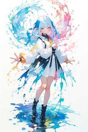 white background, (multicolored background, ink, colorful:1.2), straight-on, 1girl, solo, cute face, light blue hair, floating hair, timid smile, closed mouth, standing, arms behind back, (splashing), watercolor, (nice hands, perfect hands, detailed hands)