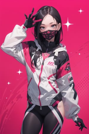 1girl, High detailed ,midjourney,perfecteyes,Color magic,,piercing, tattoo, 1girl, animification, mask, solo, black_hair, mouth_mask, v, bodysuit, jacket, looking_at_viewer, long_hair, hood, superhero, gloves, artist_name, pink_background, spider_web_print, sparkle, bright_pupils, white_pupils, hooded_bodysuit, blush, bangs, free style,horror (theme),portrait,realistic,Mechagirl,midjourney,illustration,ASU1,fcloseup,rgbcolor