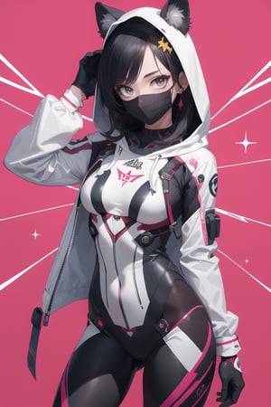 1girl, High detailed ,midjourney,perfecteyes,Color magic,,piercing, tattoo, 1girl, animification, mask, solo, black_hair, mouth_mask, v, bodysuit, jacket, looking_at_viewer, long_hair, hood, superhero, gloves, artist_name, pink_background, spider_web_print, sparkle, bright_pupils, white_pupils, hooded_bodysuit, blush, bangs, free style,horror (theme),portrait,realistic,Mechagirl,midjourney,illustration,ASU1,fcloseup,rgbcolor