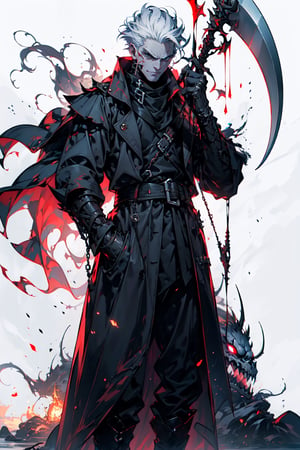 .1 man. .handsome. .serious face. .trench coat. .white haired. .flaming cape. .spear and scythe. in white background