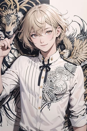 (zentangle art:1.15),(masterpiece, best quality, ultra detailed)1man,1.5,higekiri,  playful smile, short blonde hair, red eyes, wearing a white shirt adorned with gold buttons. ,Bankruptcy,1boy