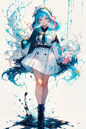 white background, (multicolored background, ink, colorful:1.2), straight-on, 1girl, solo, cute face, light blue hair, floating hair, timid smile, closed mouth, standing, arms behind back, (splashing), watercolor, (nice hands, perfect hands, detailed hands),Redayana