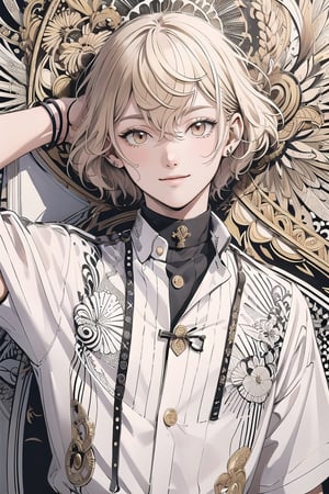 (zentangle art:1.15),(masterpiece, best quality, ultra detailed)1man,1.5,higekiri,  playful smile, short blonde hair, red eyes, wearing a white shirt adorned with gold buttons. ,Bankruptcy,1boy