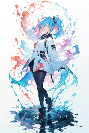 white background, (multicolored background, ink, colorful:1.2), straight-on, 1girl, solo, cute face, light blue hair, floating hair, timid smile, closed mouth, standing, arms behind back, (splashing), watercolor, (nice hands, perfect hands, detailed hands)