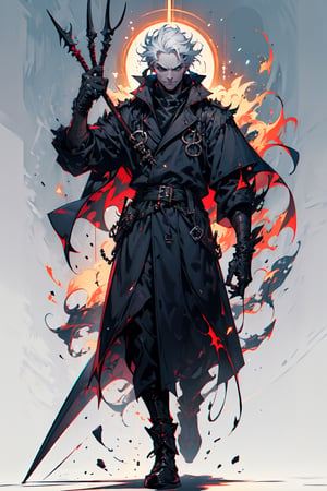 .1 man. .handsome. .serious face. .trench coat. .white haired. .flaming cape. .spear and scythe. in white background