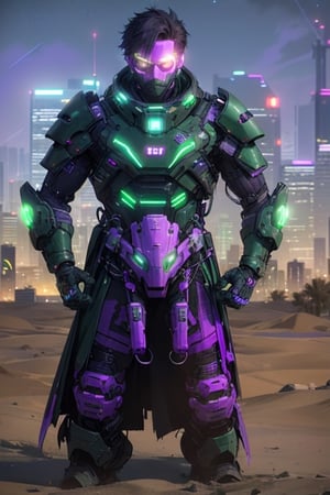 Futuristic cyberpunk infront of a desert town skyline, long coat armor(green and purple neon) dark theme fullmoon, stars are sparkling over the night skyline,Frontal, text 'The Future is Now',facearmor,short hair