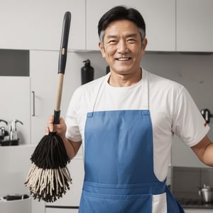 Man's face, old man's face, looking at viewer, simple background, black hair, upper body, smile, apron, reality, cleaner, holding mop, old man, sweeper, cleaning tools, detail, cleaning supplies,Asian