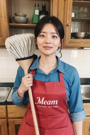 Looking at viewer, simple background, dark hair, upper body, small smile, apron, reality, cleaner, holding mop, old woman, elderly