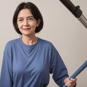 Generate an image of an elderly woman with dark hair, looking at the viewer, set against a simple background. Show her upper body with a small smile, visible wrinkles, and holding a mop. She should be dressed as a cleaning worker. Ensure correct human anatomy. The image should be realistic.
