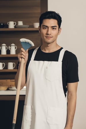 man, looking at viewer, simple background, black hair, upper body, small smile, apron, realistic, cleaner, holding broom, old man, cleaning tools