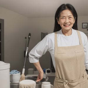 Generate an image of a woman's face, an elderly face, looking at the viewer, with a simple background. The person has black hair and is shown from the upper body. She is smiling and wearing an apron. The image should depict a realistic cleaning worker holding a mop. Include details such as a sweeping machine and other cleaning tools and supplies. The person is an elderly Asian woman. Ensure the image has fine details and is in a realistic style.
