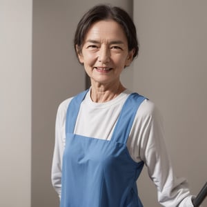 Generate an image of an elderly woman with dark hair, looking at the viewer, set against a simple background. Show her upper body with a small smile, visible wrinkles, and holding a mop. She should be dressed as a cleaning worker. Ensure correct human anatomy. One person in the image, realistic style.

