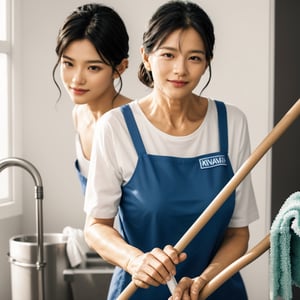 Generate an image of an elderly woman with dark hair, looking at the viewer, set against a simple background. Show her upper body with a small smile, visible wrinkles, and holding a mop. She should be dressed as a cleaning worker. The image should be realistic.

