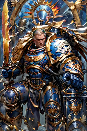  8k uhd, perfect skin, detailed clothes, perfect eyes, Roboute Guilliman is intricately designed with a myriad of colors, including navy blue and gold, ,ultra-detailed, ,highly detailed face, extremely detailed eyes and face,, concept art, cinematic lighting, vibrant colors, hyper-realistic, , mature male,Knight armor,wearing laurel,flaming sword,roboute,roboute face, A vibrant stained-glass artwork of Roboute Guilliman Lord Commandant of the Imperium, sitting on a throne,The background is a detailed image of space, with planets, Guilliman is surrounded by two cherubs who place a laurel wreath on him.