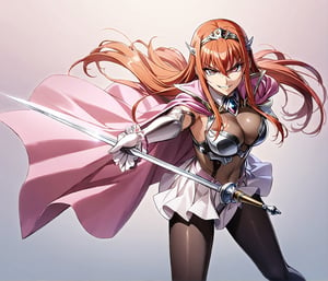 1girl, Maya Cordelia, solo, masterpiece, solo, tiara, official art, holding rapier, rapier, looking at viewer, v-shaped eyebrows, evil smile, see-through impossible bodysuit, wrist cuffs, elbow gloves, black pantyhose, pink cape, gradient background, simple background, ,glitter