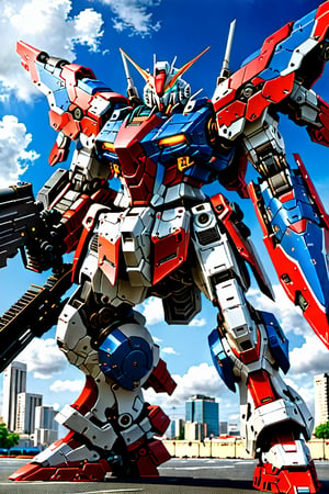 (gundam), (RRS:1.5),  (HRS:1.5), best quality, masterpiece, highly detailed, ultra-detailed,(blue sky:1.1), cloud, holding weapon, a (((mecha))) with sleek and menacing design, (mecha armor:1.5),glowing ,heroic parts, mechanical parts, (long legs:1.5),robot joints,(huge shield:1.2),(battle-ready:1.2),(powerful stance:1.3),(Detailed eye description:1.2),(huge mechanical weapon:1.3),(detailed armor description:1.2),(detailed shield description:1.2),(detailed weapon description:1.2),(huge mechanical gun:1.2),(holding gun and weapon :1.3) BREAK building, glowing_eyes, science_fiction, city, realistic,