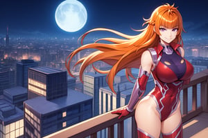 score_9, score_8_up, score_7_up, score_6_up, source_anime, 1girl, solo, maika, purple eyes, orange hair, long hair,red and purple bodysuit, elbow gloves, boots, city, roof, midnight, moon, cityscape, futuristic city, cowboy shot, very detailed, large breasts, thin waist, 4k, smirk