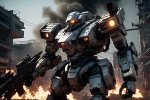 In a gritty, cyberpunk world, a lone cyborg policeman stands tall in a worn-out mech suit, his skull-like face a testament to his mechanical presence. Soft lighting casts an eerie glow on the battlefield, where fires rage and soldiers clash. The camera captures a dynamic pose, showcasing the Armored Core mecha's intricate steel metal details amidst the chaos. Dennis Villeneuve's cinematography masterfully blends photorealistic textures with vibrant colors, set against a highly detailed background of smoke and flames. Unreal Engine 1.4 brings this masterpiece to life, with particle effects, ray tracing, and tone mapping creating an immersive experience.