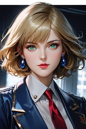  8k uhd, 1girl, perfect skin, detailed clothes, perfect eyes,  (best quality,4K,8K,highres,masterpiece:1.2),ultra-detailed,(realistic,photorealistic,photo-realistic:1.37),highly detailed face, extremely detailed eyes and face, long eyelashes, beautiful detailed eyes, beautiful detailed lips, concept art, cinematic lighting, vibrant colors, hyper-realistic,G0083NP, blonde hair, short hair,lipstick, green eyes, earrings, red necktie, suit, blue jacket, closed jacket, pencil skirt, blue skirt, high heels, white footwear,cowboy shot, 