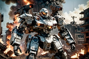 In a gritty, cyberpunk world, a lone cyborg policeman stands tall in a worn-out mech suit, his skull-like face a testament to his mechanical presence. Soft lighting casts an eerie glow on the battlefield, where fires rage and soldiers clash. The camera captures a dynamic pose, showcasing the Armored Core mecha's intricate steel metal details amidst the chaos. Dennis Villeneuve's cinematography masterfully blends photorealistic textures with vibrant colors, set against a highly detailed background of smoke and flames. Unreal Engine 1.4 brings this masterpiece to life, with particle effects, ray tracing, and tone mapping creating an immersive experience.