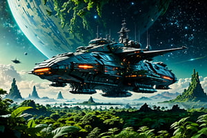 masterpiece, very detailed, fantastic quality, 4k, Ultra Detailed 8K CG, ultra high res, High quality texture, High quality shadows, vivid colors, 70s sci fi,
space battleship, sky, alien planet, greenery surface, day, flying, sparkling stars,  digital art, sci-fi illustrations, scifi illustration, detailed sci-fi art, epic cinematography,spcrft