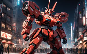 artstation, official art, masterpiece, best quality, a anime mecha towering over all, glowing eyes, standing, night, cityscape, soldiers, patroling, very detailed, Ultra Detailed 8K CG, ultra high res, High quality texture, High quality shadows, cinematic, extreme artistic, best quality:1.4, intricate details, sharp focus, highres, eleborate atmosphere:0.90, 8K, 4K, UHD, 32k UHD resolution, realistic photo, professional photography, Ultra Detailed 8K CG, ultra high res, High quality texture, High quality shadows, vivid colors, yutaka izubuchi mecha,HDR