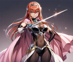 1girl, Maya Cordelia, solo, masterpiece, solo, tiara, official art, holding rapier, rapier, looking at viewer, v-shaped eyebrows, evil smile, see-through impossible bodysuit, wrist cuffs, elbow gloves, black pantyhose, pink cape, gradient background, simple background, ,glitter