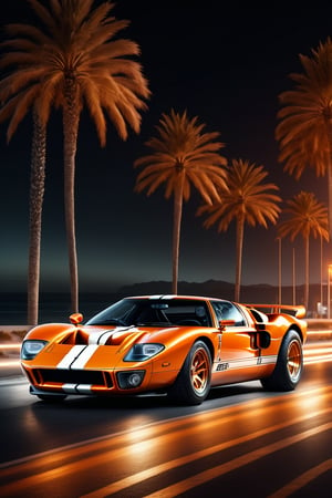 ((ClassicSportsCar )), 80´s sport car, gleaming orange Ford GT 40, palm trees, seaside, cityscape, at dawn, neon lights, 4K, highly detailed, (((stylish grainy analog 35mm film photo))), ClassicSportsCar, mad-vprw