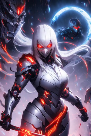  masterpiece,best quality: 1.2),(ultra-detailed face),(no headgear),Her armor glows red as the neon city lights dance across its mechanical surface. Intricate cybernetics empower her movement with inhuman speed and strength. She strides silently through theLower Sectors, the alleyways bathed in the crimson radiance of her futuristic suit. In her grip is an energized longsword, its edges humming with plasma, ready to dispense justice. She is the guardian that watches over this city, though few know her name. Criminals whisper rumors of the Crimson Knight, a cybernetically enhanced warrior sworn to protect the innocent. They speak of her inhuman reflexes and her blazing sword that cuts through any defense. How she appears from the shadows, a blur of red bringing swift judgment. Tonight her sensors have de(tected injustice brewing once more in these lawless streets. As the city sleeps, she alone stands vigilant, a silent sentinel keeping watch. Her cybernetic systems begin to target threats as she prepares to fight for those who cannot defend themselves. The Crimson Knight is ready, and justice will be dealt swiftly tonight.