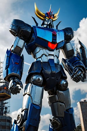 Majinga style, 70s anime, giant mecha, Great Mazinger, intrinsic details,  mechanical joints, realistic, outdoors, 4k, dynamic pose, extremely detailed, metallic texture,  glowing eyes, full body, highly detailed, masterpiece, best quality, masterpiece, highly detailed, ultra-detailed,(blue sky:1.1), cloud, holding_weapon, a (((mecha))) with sleek and menacing design, (mecha armor:1.5),glowing ,heroic parts, mechanical parts, (long legs:1.5),robot joints,(huge shield:1.2),(battle-ready:1.2),(powerful stance:1.3),(Detailed eye description:1.2),(huge mechanical weapon:1.3),(detailed armor description:1.2),(detailed shield description:1.2),(detailed weapon description:1.2),(holding sword :1.3) BREAK building, glowing_eyes, science_fiction, city, realistic,