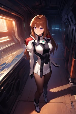 (masterpiece),(best quality),(ultra-detailed),(best illustration),(best shadow),(absurdres),(detailed background),(very aesthetic),  indoors, spaceship, sci-fi background, elhaym_van_houten, 1girl, solo, long hair, brown hair, purple eyes, originaloutfit, uniform, 