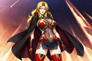 masterpiece, best quality, 1girl, perfect face, perfect eyes,AliciaViewstream, solo, general, official art,  looking at viewer, v-shaped eyebrows, red lips, see-through impossible bodysuit, alicia's thigh boots, alicia's gauntlets, high collar cape,  outer_space, mechas, official art, draw by Kagami, AliciaViewstream, ,Enhanced All