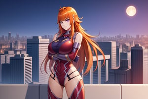 score_9, score_8_up, score_7_up, score_6_up, source_anime, 1girl, solo, maika, purple eyes, orange hair, long hair,red and purple bodysuit, elbow gloves, boots, city, roof, midnight, moon, cityscape, futuristic city, cowboy shot, very detailed, large breasts, thin waist, 4k, smirk