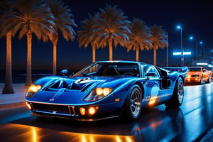 ((ClassicSportsCar )), 80´s sport car, gleaming midnight blue, Ford GT 40, palm trees, seaside, cityscape, at dawn, neon lights, 4K, highly detailed, (((stylish grainy analog 35mm film photo))), ClassicSportsCar, mad-vprw,neon photography style