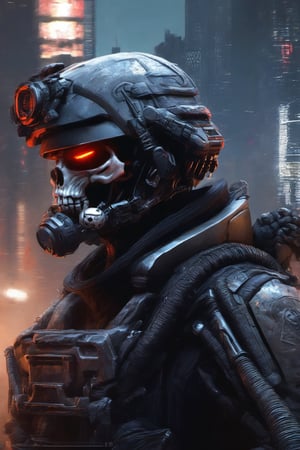soldier, skull helmet, futuristic soldier, special forces, helghast, space marine, detailed, intrincate details, cyborg, cyberpunk vibes,Cyber Black Robot, dystopic ambient,background,night city ,tank, armored vehicle,