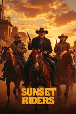  8k uhd, 4K, highres,high detail eyes, high detail hair, highres, ultra detailed, Highly detailed,masterpiece, best quality, cinematic lighting, vibrant colors, A quartet of gunslingers ride into a Wild West town, three men have blond hair and one is of Mexican origin, it is dusk,featuring title text on old Western font 'Sunset Riders'