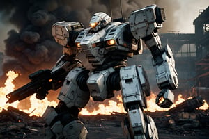 In a gritty, cyberpunk world, a lone cyborg policeman stands tall in a worn-out mech suit, his skull-like face a testament to his mechanical presence. Soft lighting casts an eerie glow on the battlefield, where fires rage and soldiers clash. The camera captures a dynamic pose, showcasing the Armored Core mecha's intricate steel metal details amidst the chaos. Dennis Villeneuve's cinematography masterfully blends photorealistic textures with vibrant colors, set against a highly detailed background of smoke and flames. Unreal Engine 1.4 brings this masterpiece to life, with particle effects, ray tracing, and tone mapping creating an immersive experience.