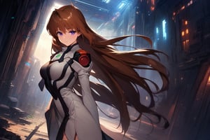 (masterpiece),(best quality),(ultra-detailed),(best illustration),(best shadow),(absurdres),(detailed background),(very aesthetic),  indoors, spaceship, sci-fi background, elhaym_van_houten, 1girl, solo, long hair, brown hair, purple eyes, originaloutfit, uniform, 