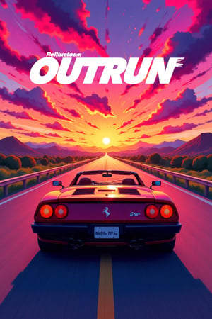  8k uhd, 4K, highres,high detail eyes, highres, ultra detailed,  Highly detailed,masterpiece, best quality, cinematic lighting, vibrant colors,A convertible Ferrari runs on an endless highway at sunset, the illustration style is 80s synthwave with pastel colors, vibrant colors, title text "OUTRUN" 