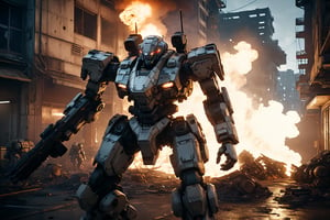 In a gritty, cyberpunk world, a lone cyborg policeman stands tall in a worn-out mech suit, his skull-like face a testament to his mechanical presence. Soft lighting casts an eerie glow on the battlefield, where fires rage and soldiers clash. The camera captures a dynamic pose, showcasing the Armored Core mecha's intricate steel metal details amidst the chaos. Dennis Villeneuve's cinematography masterfully blends photorealistic textures with vibrant colors, set against a highly detailed background of smoke and flames. Unreal Engine 1.4 brings this masterpiece to life, with particle effects, ray tracing, and tone mapping creating an immersive experience.