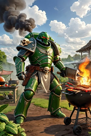 ((masterpiece, of the highest quality; 1.3)), Super quality, beautiful detail, 4k, wallpaper, chef hat, green armor, Salamanders chapter armor, skull armor, outdoors, BBQ grill, cooking, garden, elegant, Highly detailed, Digital painting, art stations, illustration, concept-art, smooth, Sharp focus, high quality, 4k, very detailed, battle, smoke, fighting, cowboy shot, shoulder_armour, alien planet, sky, clouds