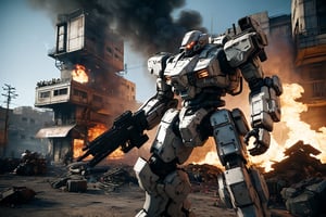 In a gritty, cyberpunk world, a lone cyborg policeman stands tall in a worn-out mech suit, his skull-like face a testament to his mechanical presence. Soft lighting casts an eerie glow on the battlefield, where fires rage and soldiers clash. The camera captures a dynamic pose, showcasing the Armored Core mecha's intricate steel metal details amidst the chaos. Dennis Villeneuve's cinematography masterfully blends photorealistic textures with vibrant colors, set against a highly detailed background of smoke and flames. Unreal Engine 1.4 brings this masterpiece to life, with particle effects, ray tracing, and tone mapping creating an immersive experience.