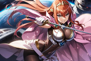 1girl, Maya Cordelia, solo, masterpiece, solo, tiara, official art, holding rapier, rapier, looking at viewer, v-shaped eyebrows, evil smile, see-through impossible bodysuit, wrist cuffs, elbow gloves, black pantyhose, pink cape, outer_space, space station, ships ,glitter