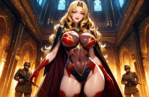 (masterpiece, best quality, ultra detailed, absurdres)1.5, 1girl, (sexy, beautiful woman, perfect face, perfect eyes, perfect female body)1.5, (, wavy hair, long hair, blonde hair, red eyes, mature female, milf, v-shaped eyebrows, red lips, extremely detailed clothes, smile, red elbow gloves, red thigh boots, red-black cape, red impossible clothes,very detailed, depth of fields。Create depth with atmospheric lighting,wide wide shot,detail,（Hyper-detailing）,（Complicated details),（High resolution CGI artwork 8k), palace, luxury, night, sci fi indoors,  windows, soldiers, night,AliciaViewstream,Expressiveh,glitter