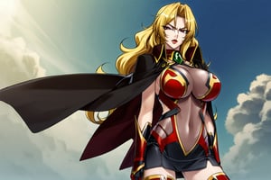 masterpiece, best quality, 1girl, AliciaViewstream, solo, general, official art,  looking at viewer, v-shaped eyebrows, red lips, v-shaped eyebrows, see-through impossible bodysuit, alicia's thigh boots, alicia's gauntlets, high collar cape,  outer_space, mechas, day, official art, draw by mochizuki kei, AliciaViewstream, ,Enhanced All