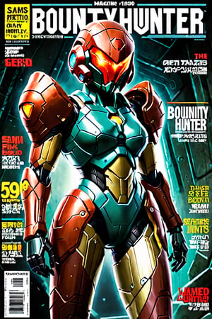  magazine cover, fake magazine cover, cover, fake cover, price, cover page, text focus, barcode, content rating, dated, The title at the top reads "Bounty Hunter Monthly"   bold letters, mechanical details, sharp focus, mechanical joints,score_9,score_8_up,score_7_up,source_anime,samus, 1girl, samus aran, weapon, arm cannon, power suit (metroid), solo, helmet, power armor, power suit,armor, full body,